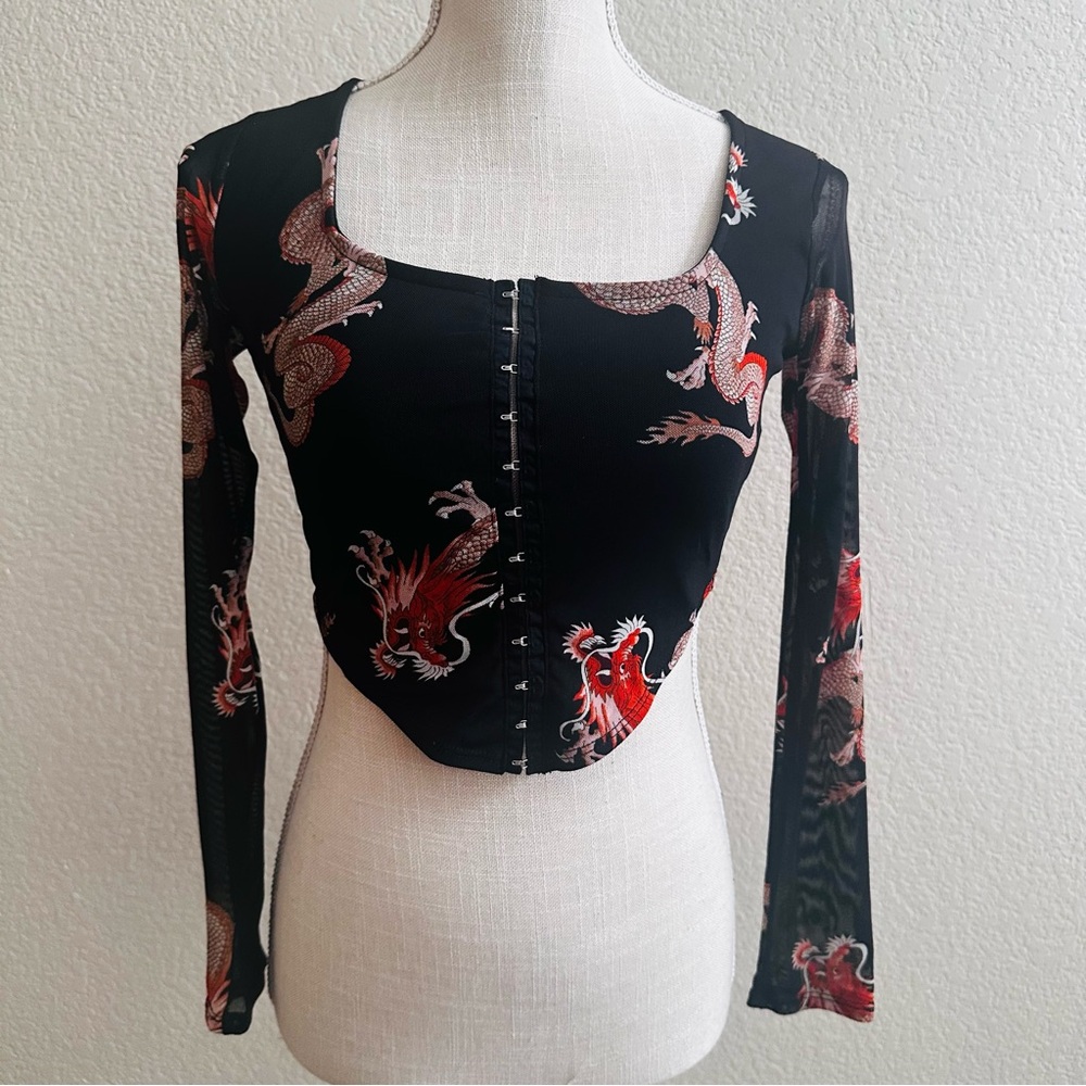 Y2K Black Crop Top Dragons Mesh Semi Sheer Rebellious Dreamer Hook